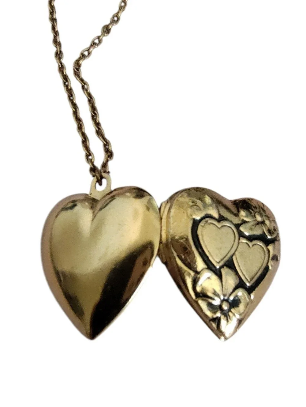 1928 Gold Tone Heart Locket Necklace Floral Double Heart Vintage Inspired